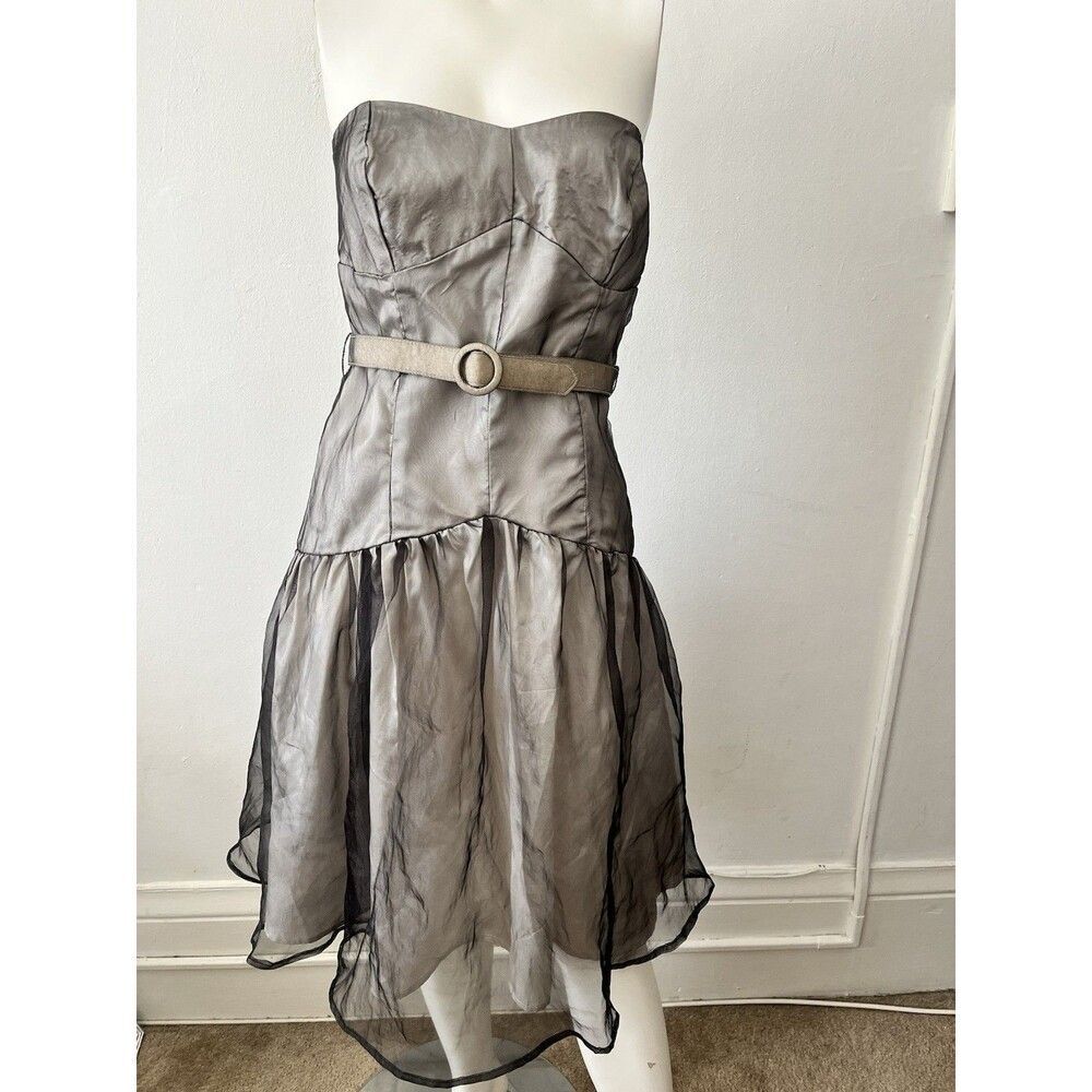 Vtg 90s Y2K Cocktail Dress M Silver Sweetheart Belted Flirty Prom Hoco w/flaw